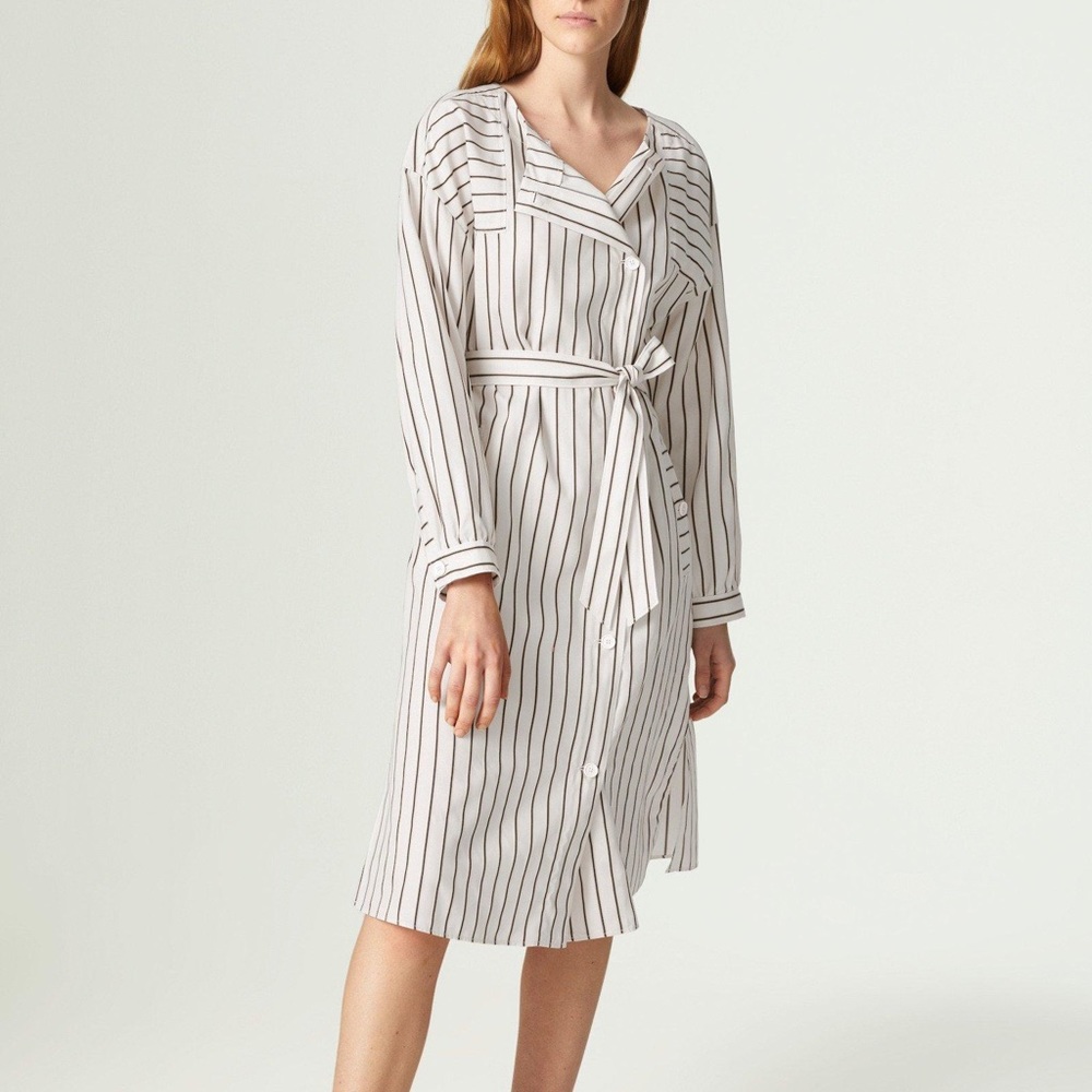 Bogner Alissa Eggshell Stripe Long Sleeve shirt Dress tie waist button front